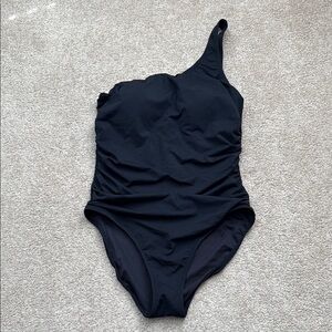 Garnet Hill One Shoulder Ruched Classic Black One Piece Swimsuit Size 14
